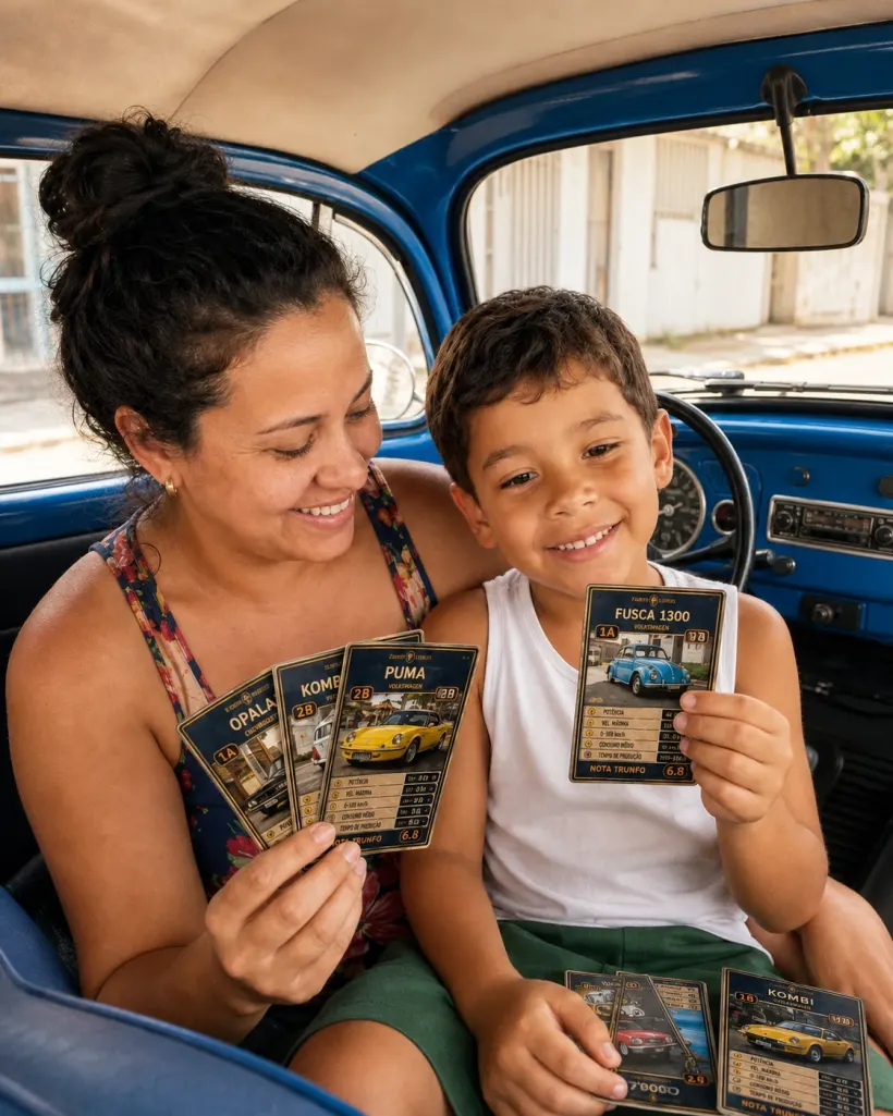 Mãe e filho mostrando cartas do Trunfo Clássicos dentro de um Fusca azul