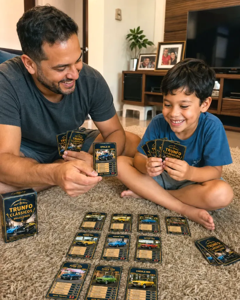 Pai e filho jogando cartas do Trunfo Clássicos no chão da sala