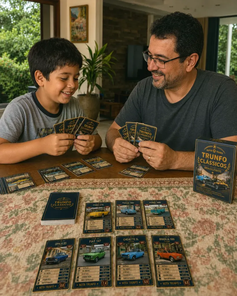 Família jogando Trunfo Clássicos do Brasil