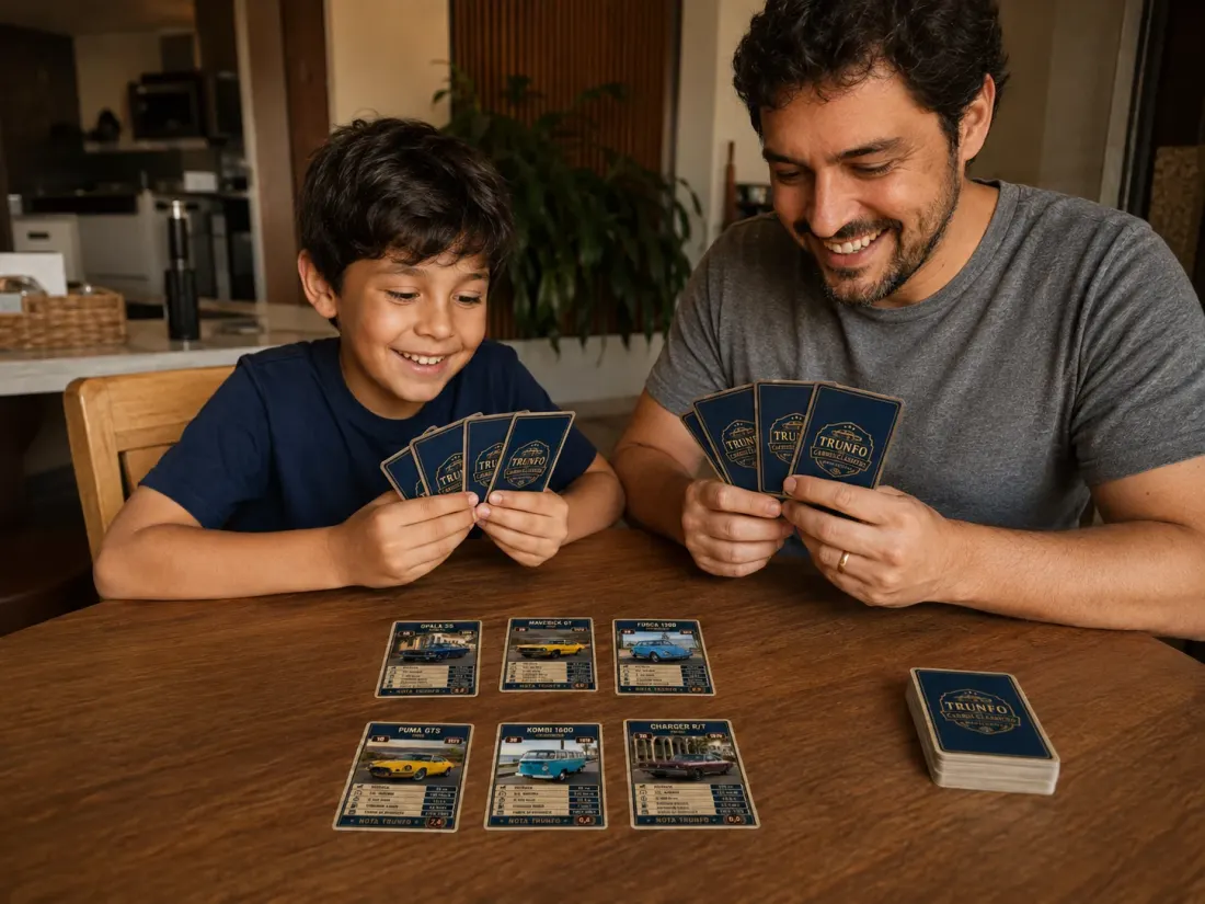 Pai e filho jogando Trunfo Clássicos do Brasil na mesa de casa