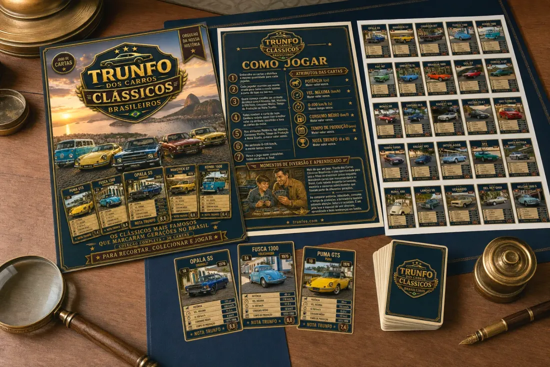 Capa, páginas internas e folhas de cartas do Trunfo Clássicos do Brasil